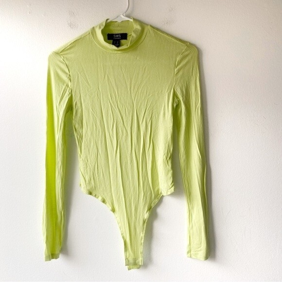 sws essentials neon yellow long sleeve mock neck bodysuit - Picture 1 of 7